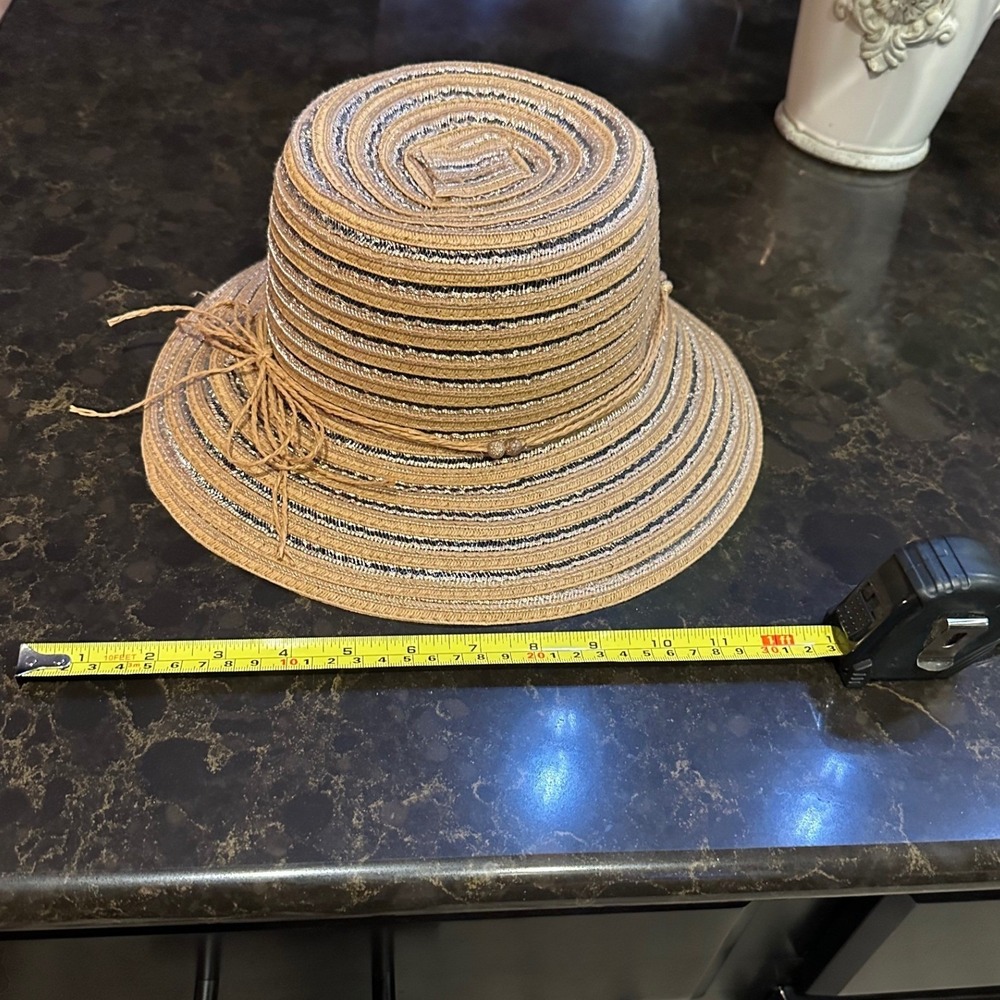 Studio Womens Striped Metallic Straw Sun Hat Tan Black Silver Raffia Bow One Sz